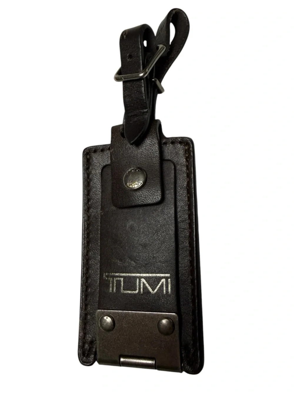 Tumi Black Leather Luggage Tag with Silver Hardware